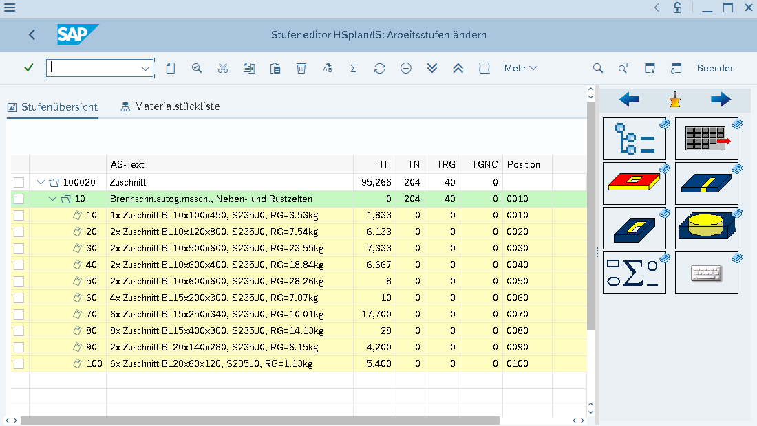 Automated calculation of planned time for cutting using information from the BOM